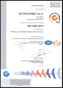 Award 9: EFI Cretaprint SLU has achieved the ISO 14001:2015 environmental quality certification